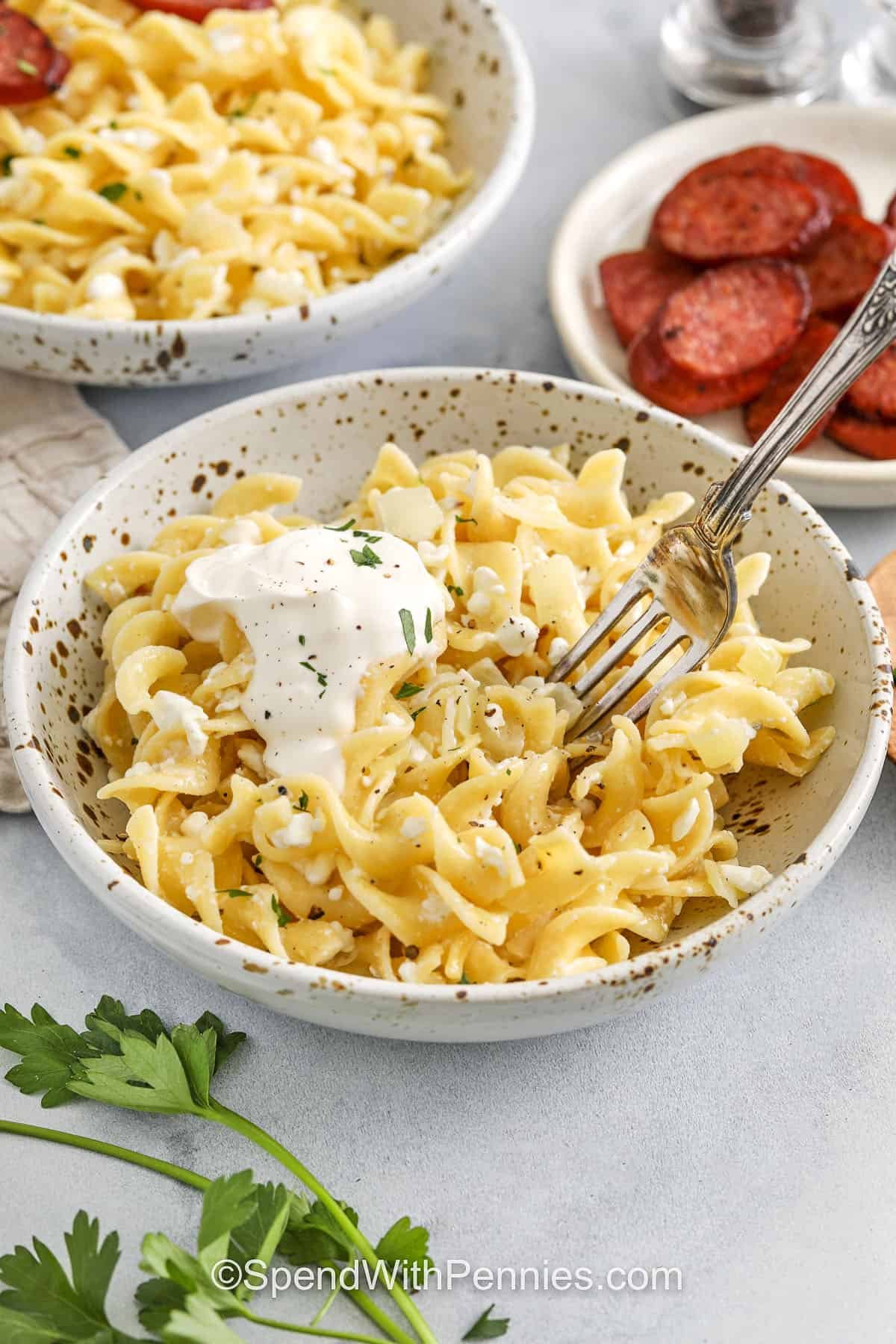 Cottage cheese and noodles are the kind of easy recipe that’s made for comfort food nights. Creamy cottage cheese and buttery onion mix into warm boiled egg noodles for a rich, filling dish. It’s great on its own or baked in the oven with a cheesy topping. Spoon on a little sour cream for extra flavor. This one’s a keeper, especially when you need something simple and satisfying. #spendwithpennies Cottage Cheese and Noodles with sour cream