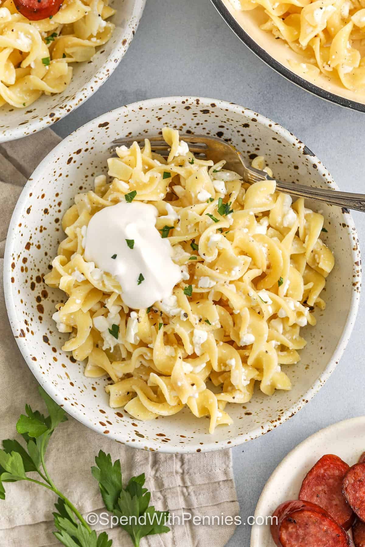 Cottage cheese and noodles are a creamy comfort food favorite that’s perfect for any day of the week. This easy recipe blends boiled egg noodles with sautéed onion and tangy cottage cheese. Serve it as a light meal or load it up with leftover meat for a heartier main. Add a sour cream swirl or finish it in the oven for extra flavor. This one’s cozy, creamy, and totally crave-worthy. #spendwithpennies plated dishes of Cottage Cheese and Noodles with sour cream on top