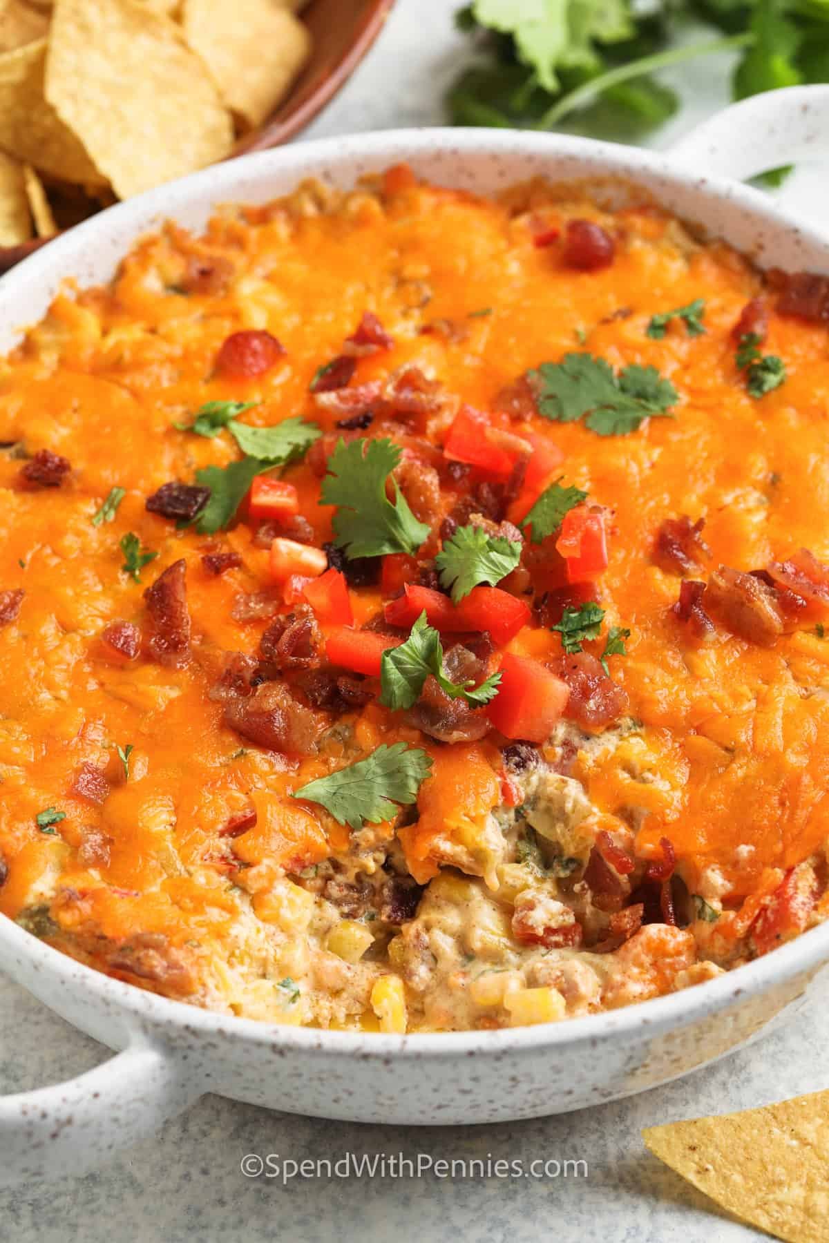 close up of baked Creamy Baked Corn Dip