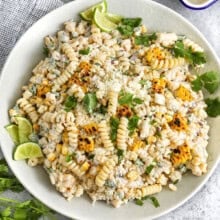 creamy Elote Pasta Salad in a bowl