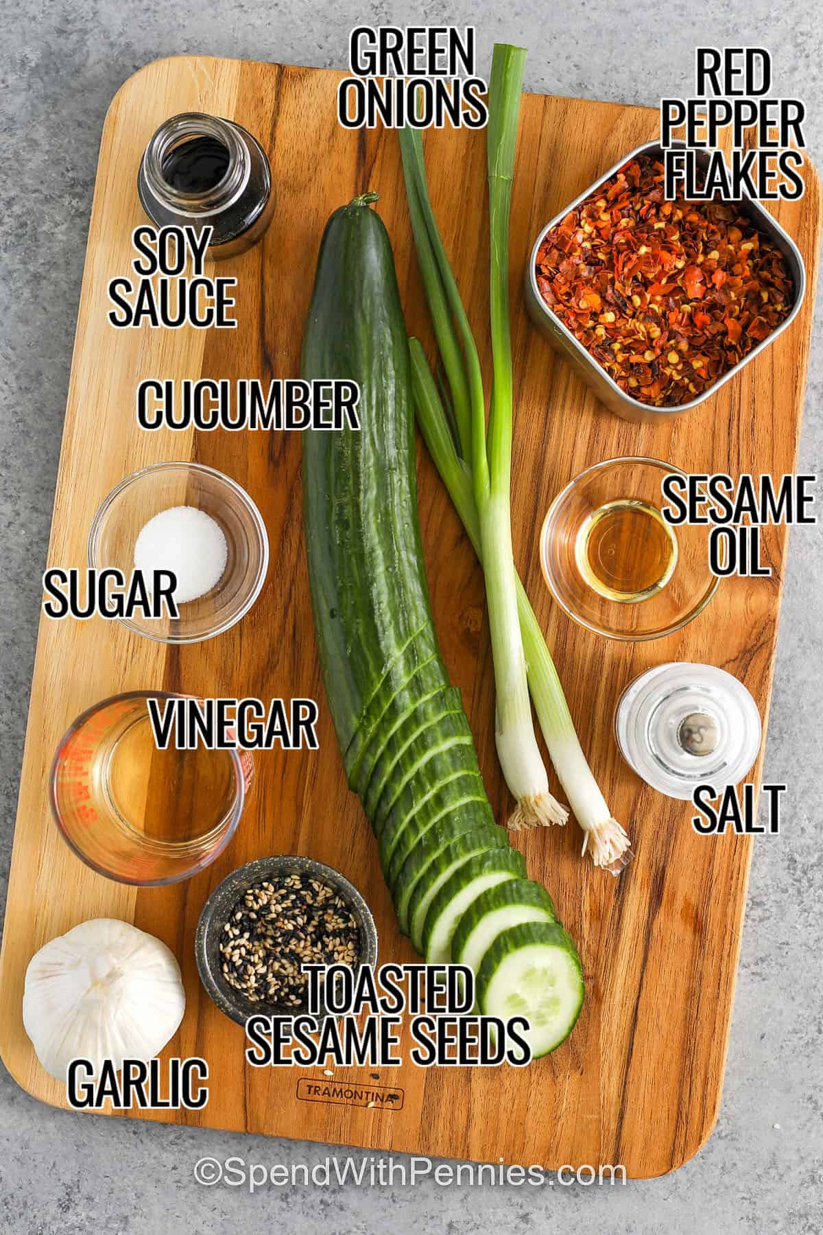 labelled ingredients for asian cucumber salad: green onions, red pepper flakes, soy sauce, cucumber, sesame oil, salt, garlic, sugar, vinegar and toasted sesame seeds