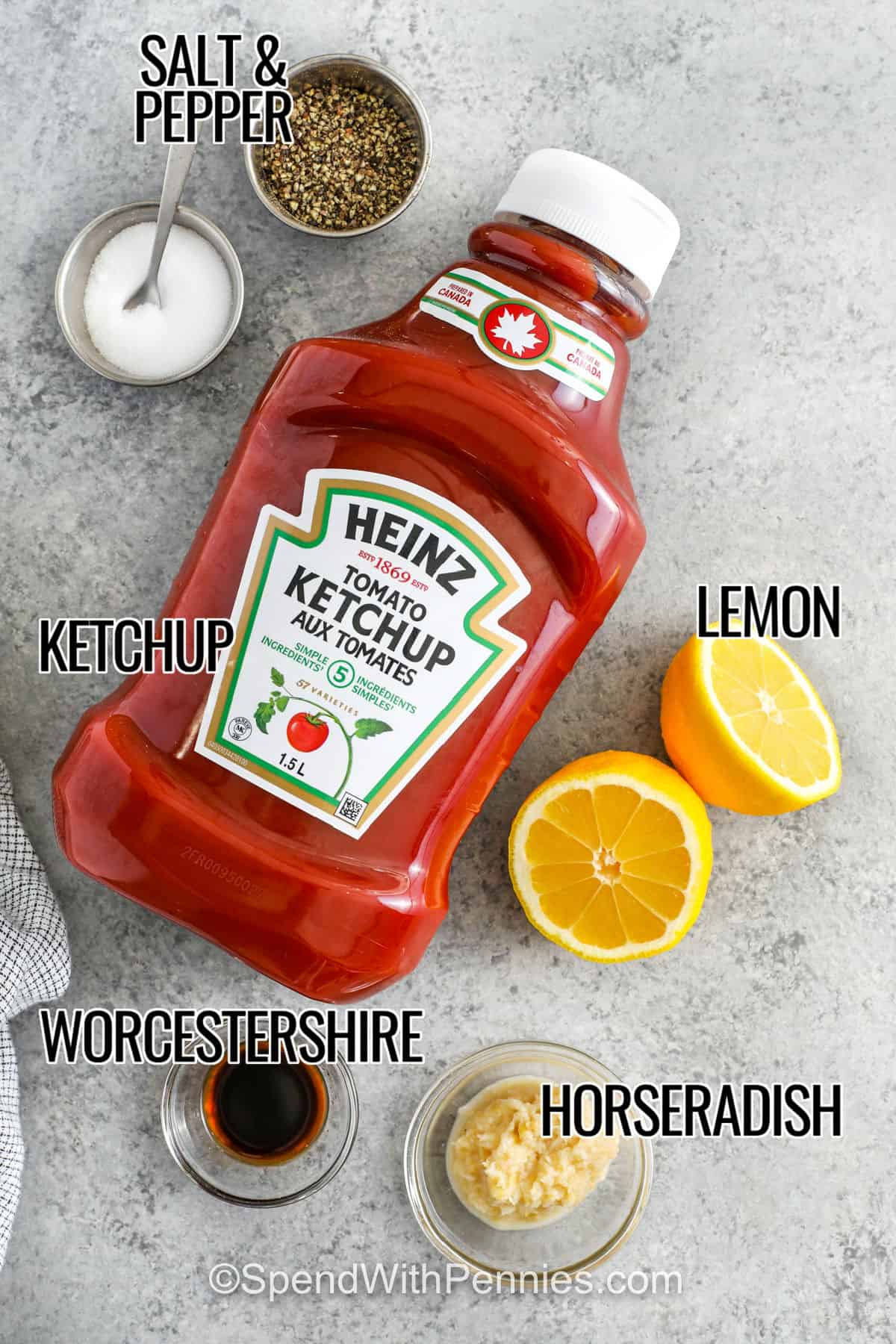 This cocktail sauce recipe is quick to make and packed with flavor from pantry staples. A base of ketchup and spicy horseradish gets brightened with lemon juice and deepened with Worcestershire sauce. Salt and pepper balance everything out. It’s perfect chilled and served with shrimp, crab, or oysters at any gathering. #spendwithpennies horseradish , worcestershire sauce , lemon , ketchup , salt and pepper with labels to make Cocktail Sauce