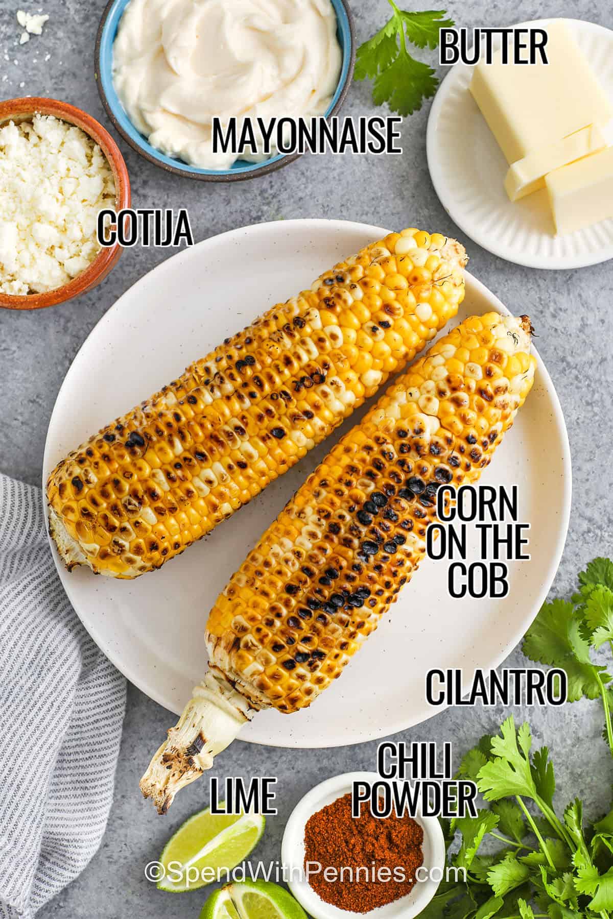 cotija , mayonnaise , butter , chili powder , lime , cilantro , corn on the cob with labels to make Mexican Street Corn