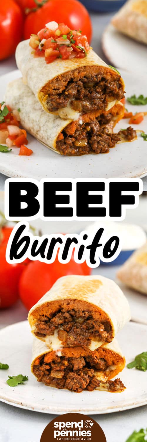 This favorite beef burrito recipe brings restaurant-quality flavor to your own kitchen. Each bite has tender, seasoned beef, creamy refried beans, spicy cheese, and soft tortilla all wrapped into a satisfying bundle. Toasting each burrito adds a golden crunch and seals in all the melty goodness. Serve with salsa, guacamole, or sour cream for a complete meal. It’s a simple, no-fuss recipe the whole family will ask for again and again! #spendwithpennies Beef Burrito Recipe on a plate and close up photo with pico de Gallo