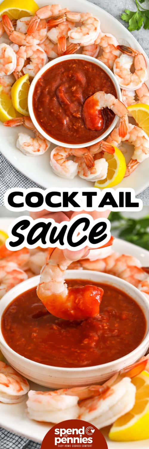 This cocktail sauce recipe is a must-try for shrimp lovers and so easy to whip up. It blends ketchup, horseradish, and lemon juice with a splash of Worcestershire for a tangy, savory punch. Add a bit of salt and pepper, then refrigerate to let the flavors develop. It’s a classic dip made simple and fresh. #spendwithpennies plated Cocktail Sauce with shrimp and close up of shrimp being dipped into the sauce and a title