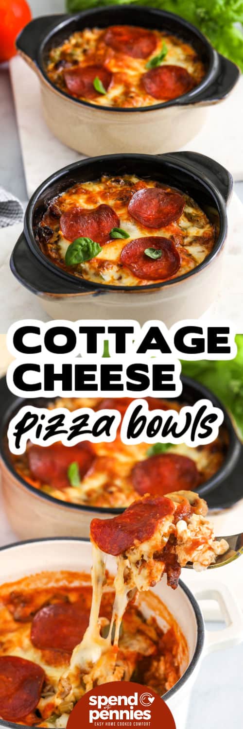 Make pizza night feel new with a cottage cheese pizza bowl that’s packed with flavor and comfort. It starts with a creamy base of cottage cheese and herbs, gets topped with savory sausage and sautéed veggies, and finishes off with all the cheesy pizza toppings you love. You’ll love how simple and satisfying it is. It’s one of those meals that feels indulgent but is so easy. #spendwithpennies Cottage Cheese Pizza Bowls and close up of some on a fork with a title