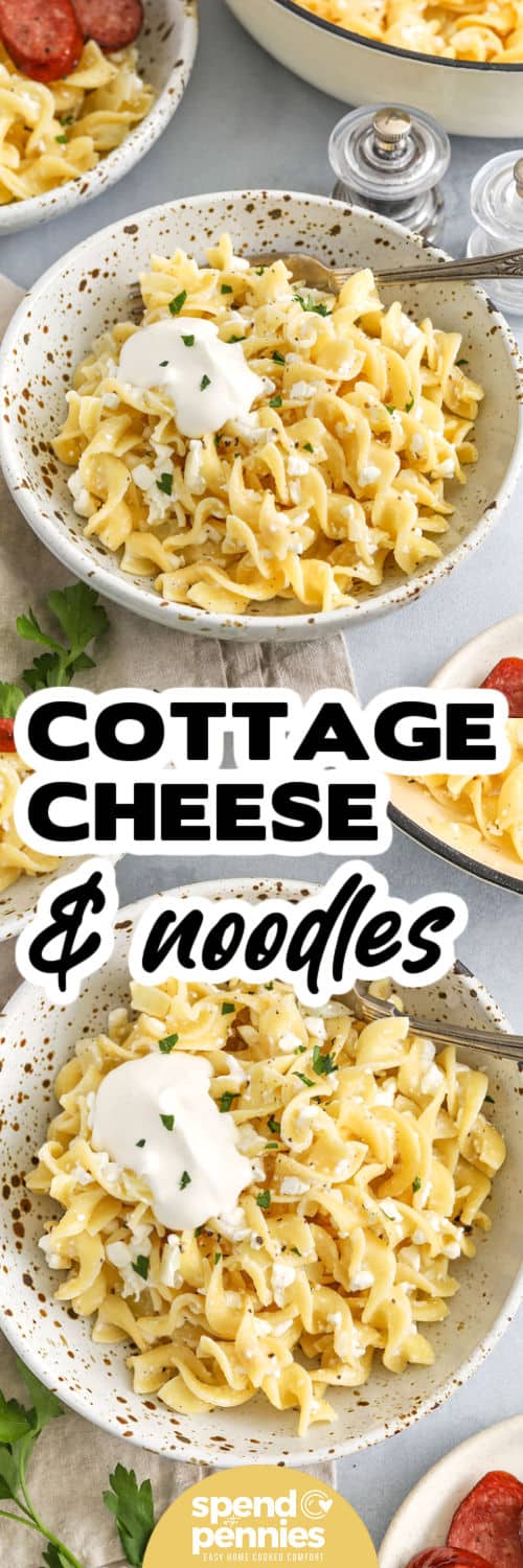 Cottage cheese and noodles are an easy favorite that’s full of flavor and comfort. With creamy cottage cheese, buttery onions, and tender egg noodles, this recipe is smooth, rich, and oh-so-satisfying. It’s a great way to use simple ingredients and still end up with a crowd-pleaser. Pop it in the oven with a crispy topping or enjoy it straight from the skillet. Sour cream is optional, but recommended. #spendwithpennies Cottage Cheese and Noodles in a bowl and close up with a title