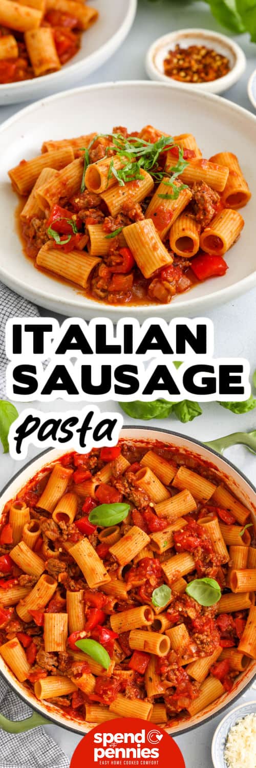 The Italian sausage pasta is one of the meals that are in the seat every time. It's full of seasoned sausages, rich tomatoes and simple spices. Throw it away with your favorite pasta and a few fresh herbs. Parmesan cheese tops make it more comfortable and delicious. This is the kind of meal you want to repeat. #spendwithpennies Italian sausage pasta in a pan with title