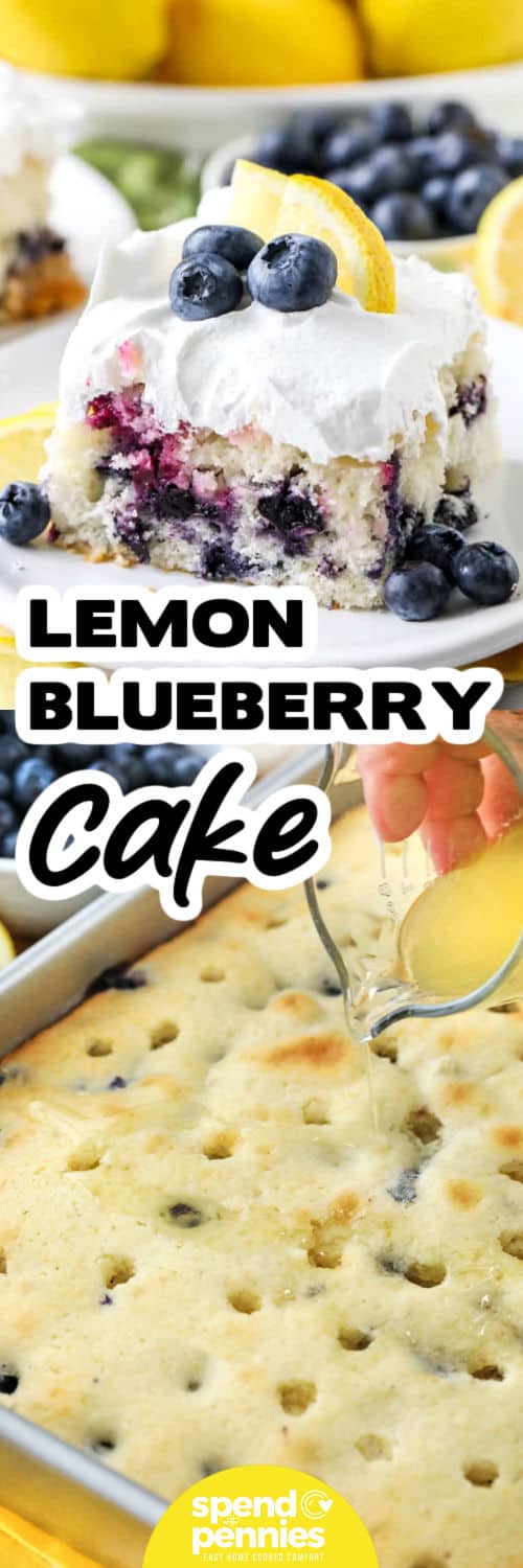 Lemon Blueberry Cake in the pan and a plated slice with writing