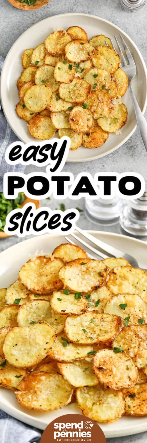 Oven Baked Potato Slices on a plate and close up photo with a title