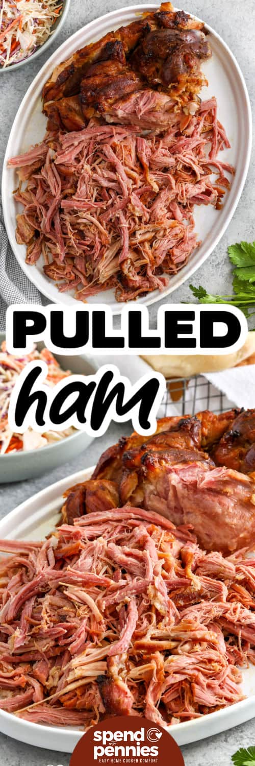 Pulled Ham on a plate and close up photo with a title