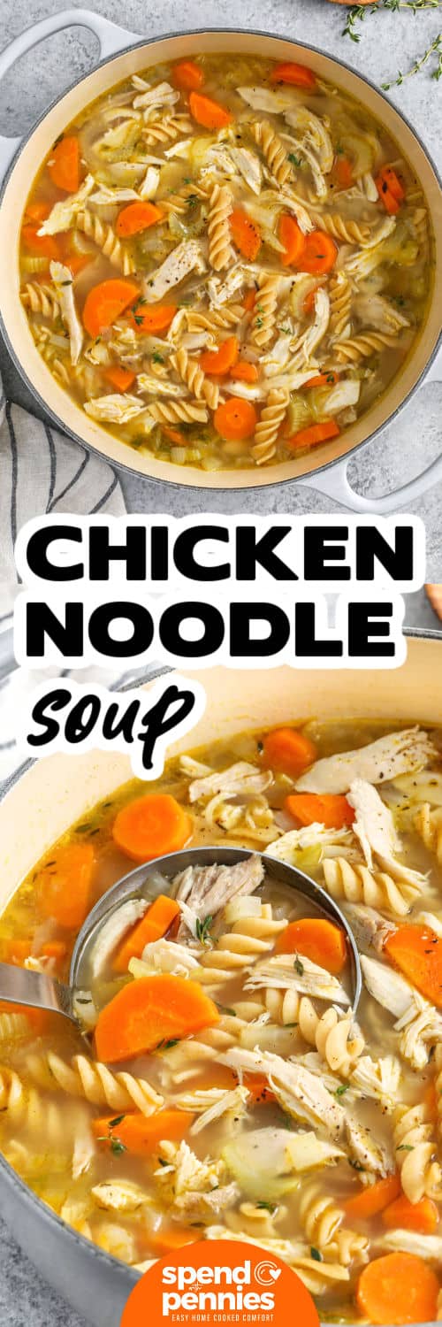 pot of Rotisserie Chicken Soup and close up photo with a title