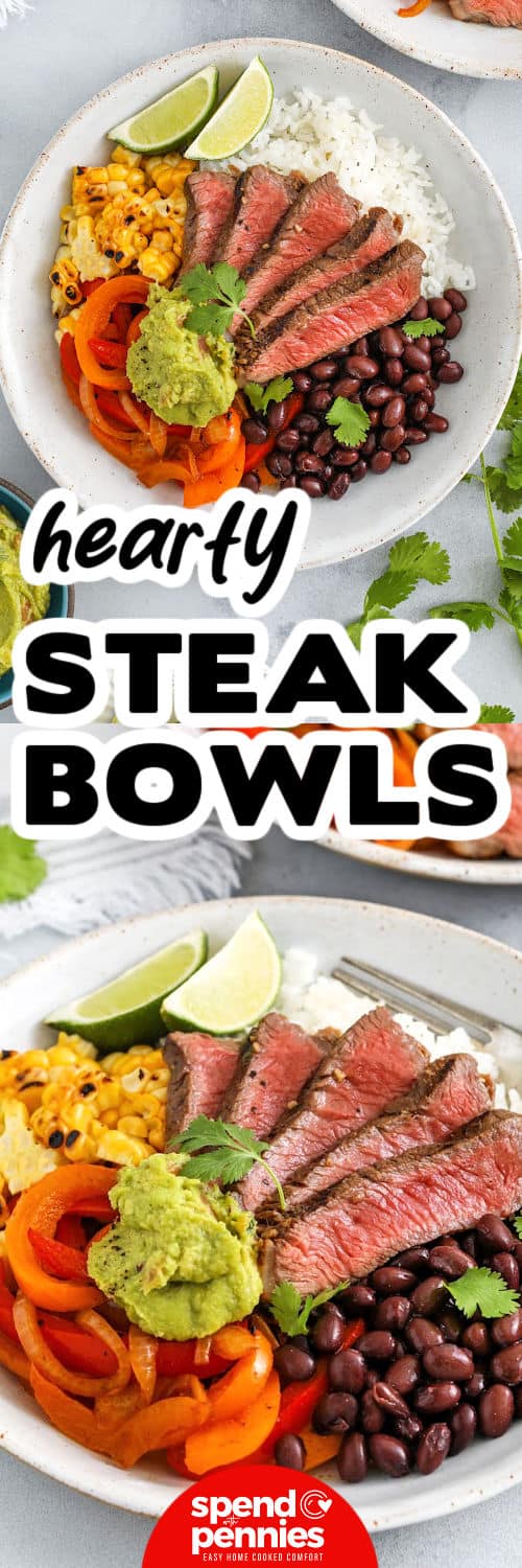 top view of Steak Bowls and close up photo with a title