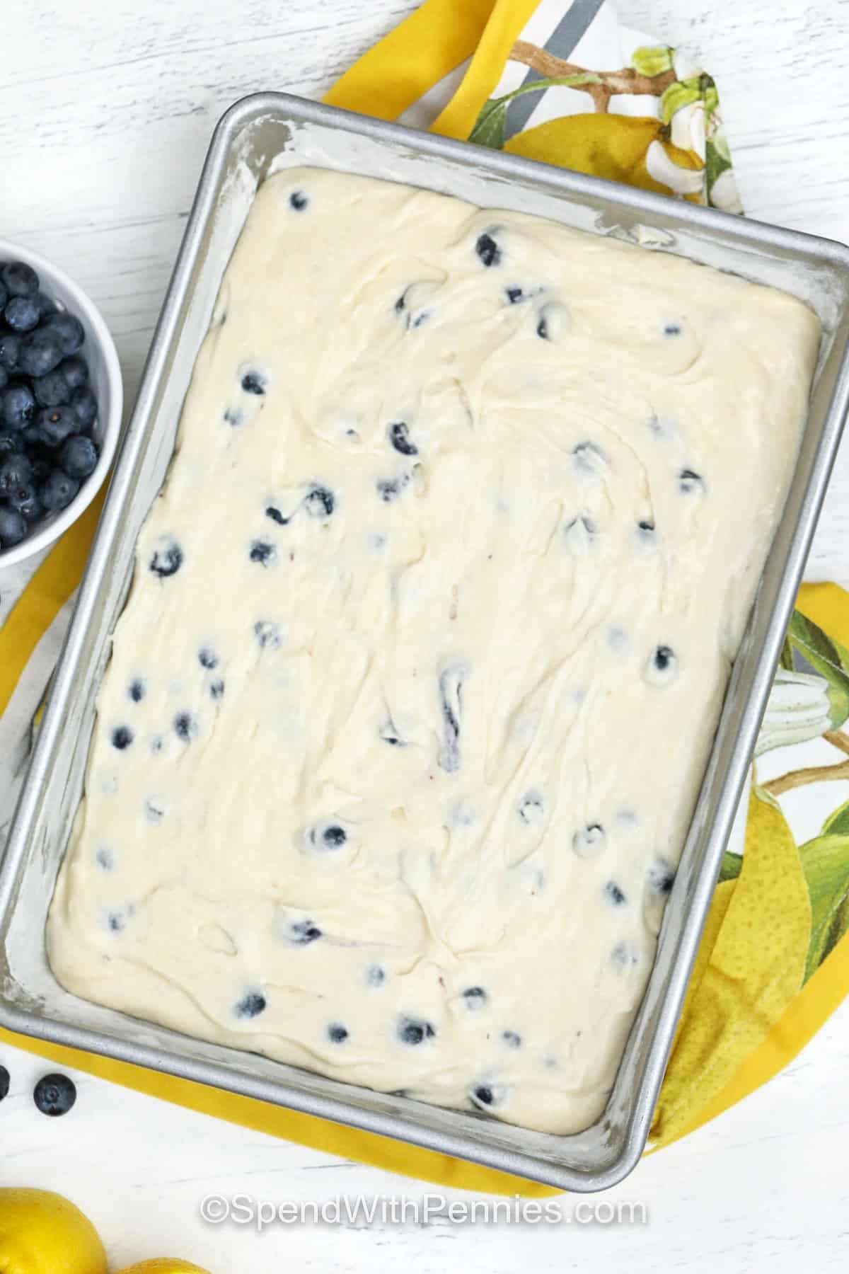 Lemon Blueberry Cake in a dish before baking