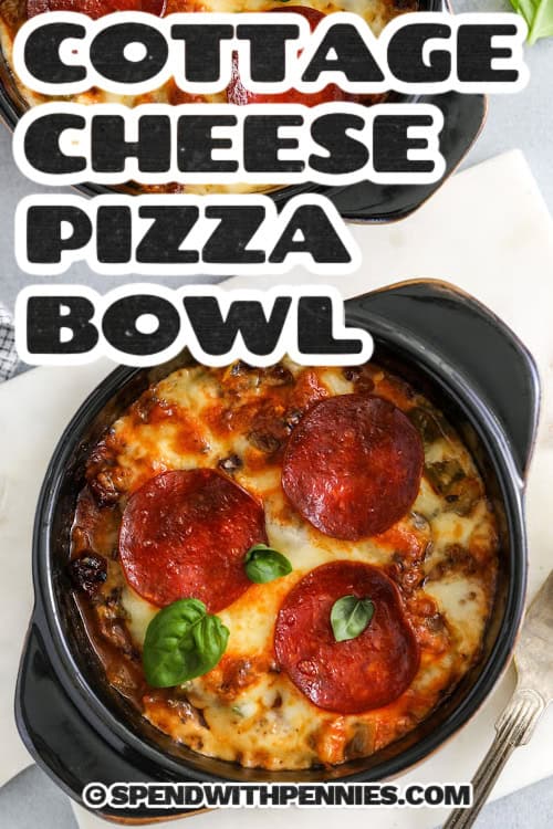 This cottage cheese pizza bowl is a quick and easy way to satisfy that pizza craving without turning on the delivery app. Creamy cottage cheese mixed with herbs, topped with sausage, peppers, mushrooms, and a layer of saucy goodness, all finished with melty mozzarella and pepperoni. It’s rich, cozy, and totally customizable. Pair it with a side salad for a complete dinner. #spendwithpennies Cottage Cheese Pizza Bowls with a title