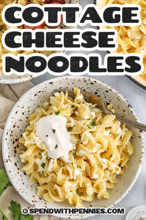 Cottage cheese and noodles turn humble ingredients into something extra cozy. This easy recipe starts with boiled egg noodles, sautéed onion, and creamy cottage cheese for a simple side or light meal. It’s warm, rich, and pairs perfectly with pork chops or roast chicken. Pop it in the oven for a crispy top, or serve with sour cream for a cool finish. Creamy comfort in every bite. #spendwithpennies creamy Cottage Cheese and Noodles in plates with a title