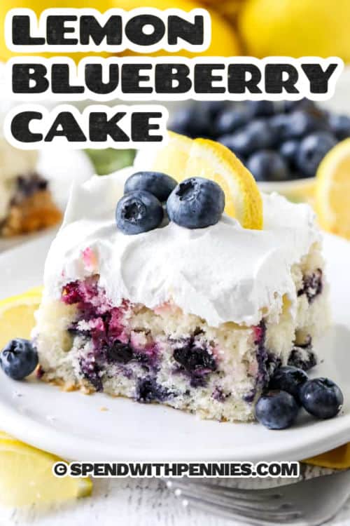 slice of Lemon Blueberry Cake on a plate with a title