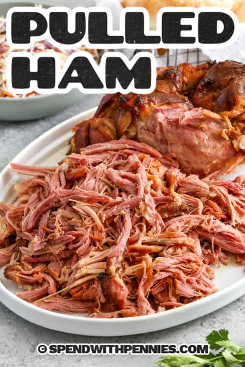close up of Pulled Ham on a plate with a title
