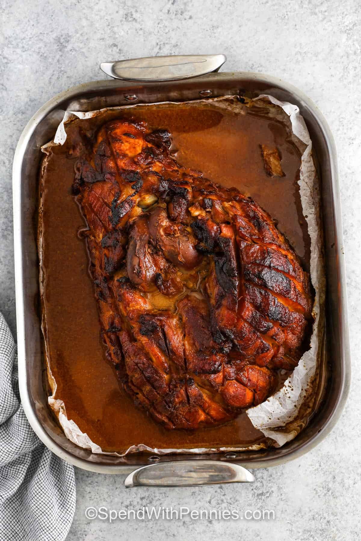 cooked ham in a dish to make Pulled Ham