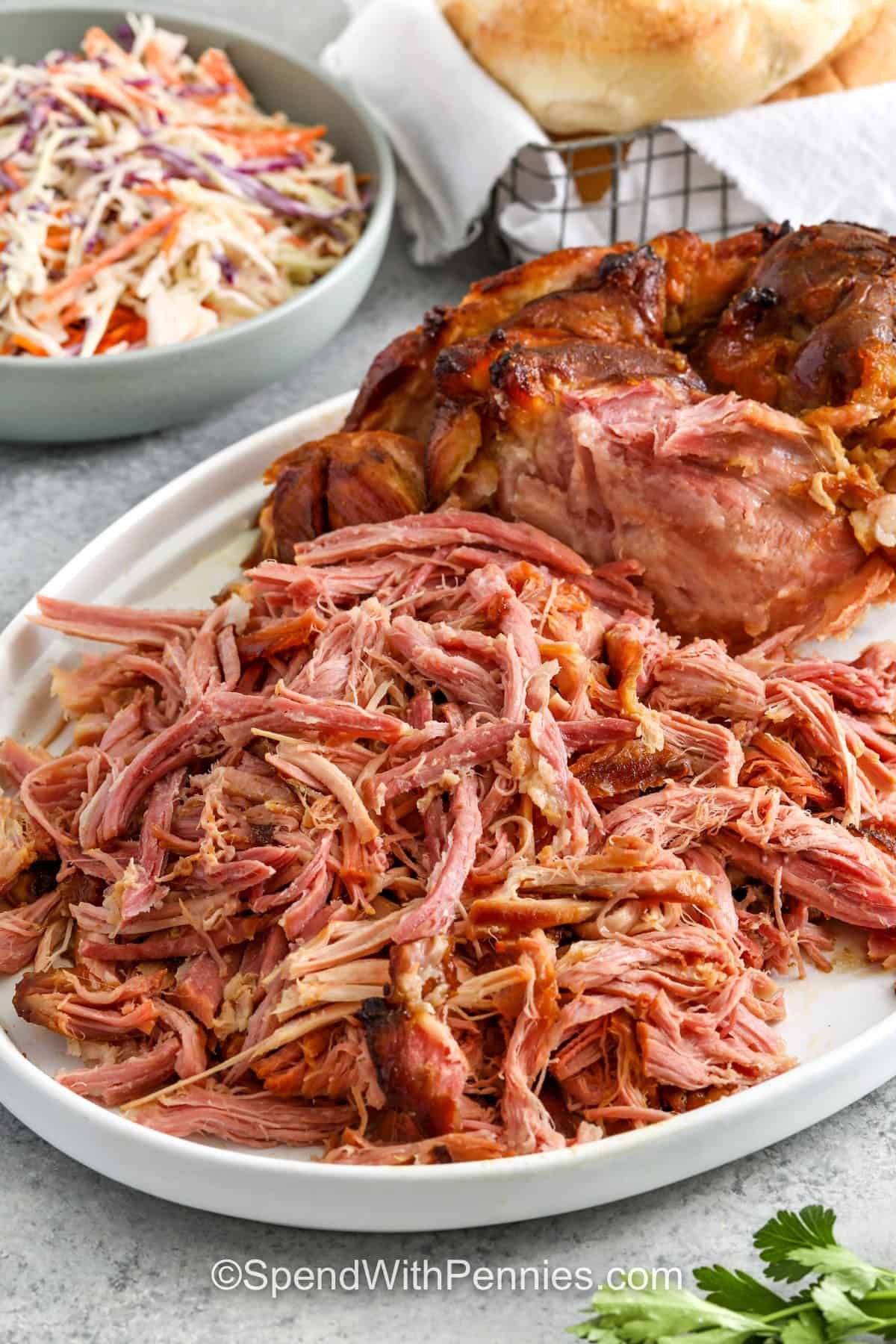 close up of juicy Pulled Ham on a plate