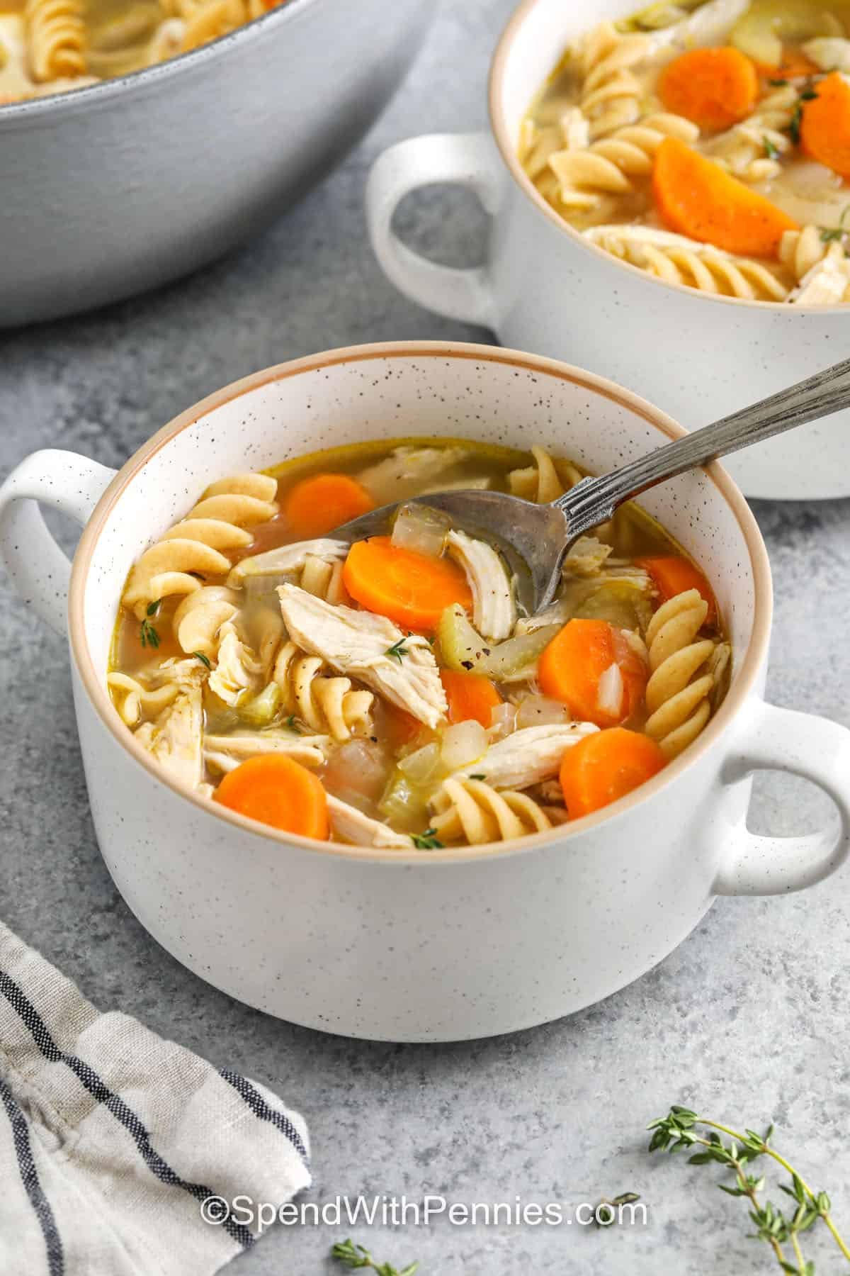 Rotisserie Chicken Soup in bowls with a spoon