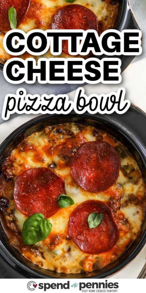 Try a cottage cheese pizza bowl for a cozy and filling meal that skips the crust but not the flavor. Savory sausage, cooked veggies, and creamy cottage cheese come together under a rich layer of pizza sauce and gooey melted cheese. It’s easy to make, easy to love, and easy to make your own with all your favorite toppings. Serve it straight from the oven for the best cheesy pull. #spendwithpennies close up of cheesy Cottage Cheese Pizza Bowls with writing