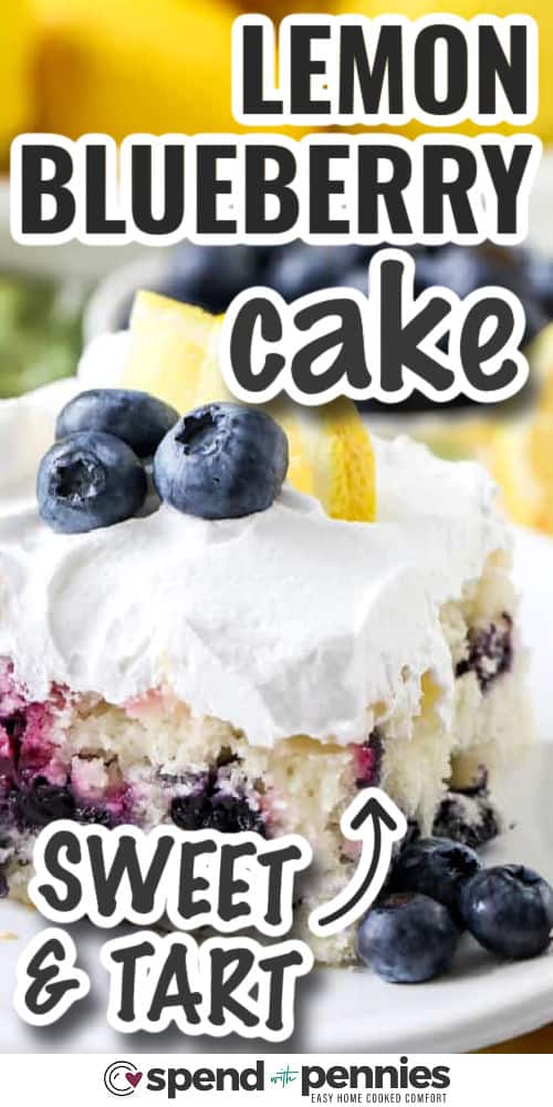 sweet and tart Lemon Blueberry Cake with writing