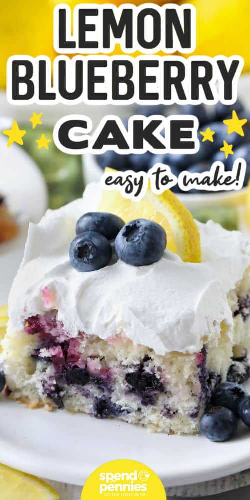 easy to make Lemon Blueberry Cake on a plate with writing