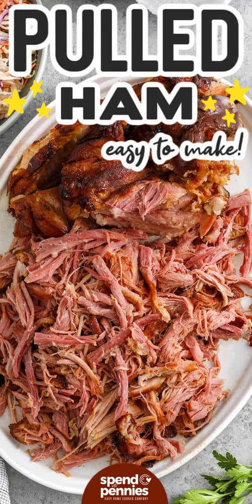 easy to make Pulled Ham on a plate with writing