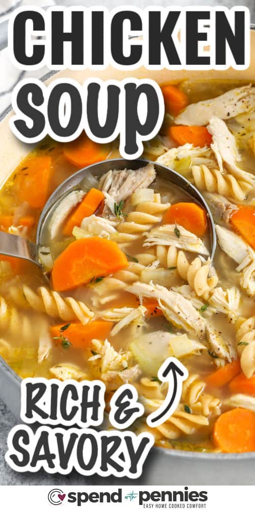 rich and savory Rotisserie Chicken Soup with writing
