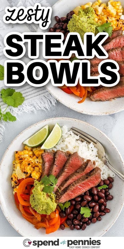 zesty Steak Bowls with rice and a title