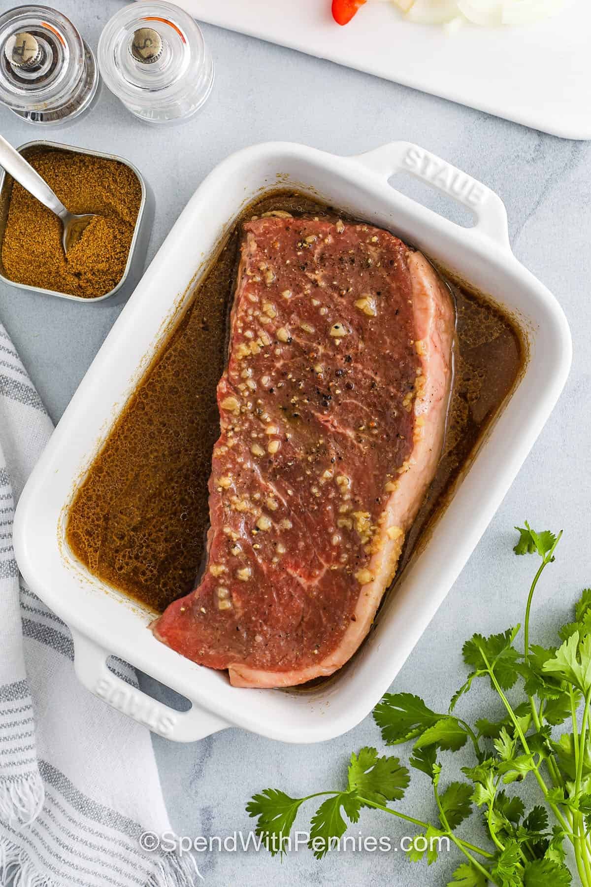 marinating steak to make Steak Bowls