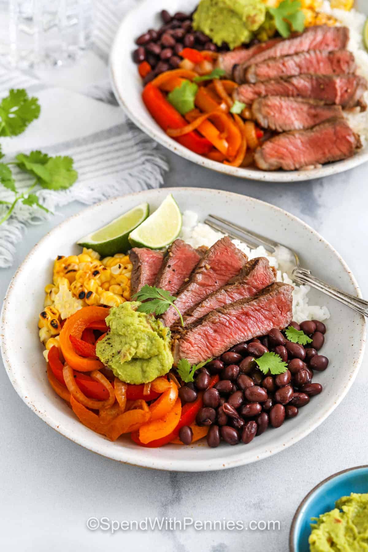 plated Steak Bowls with a fork