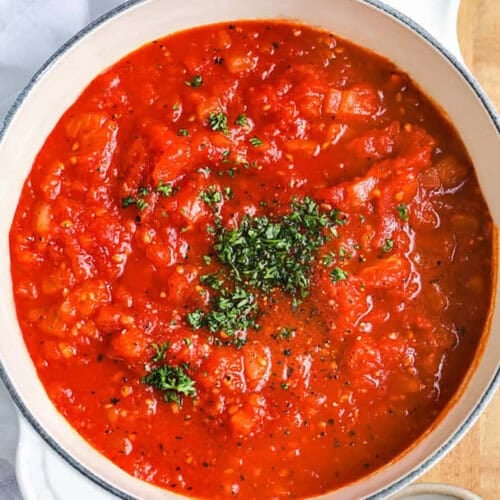 pot of Tomato Sauce with parsley
