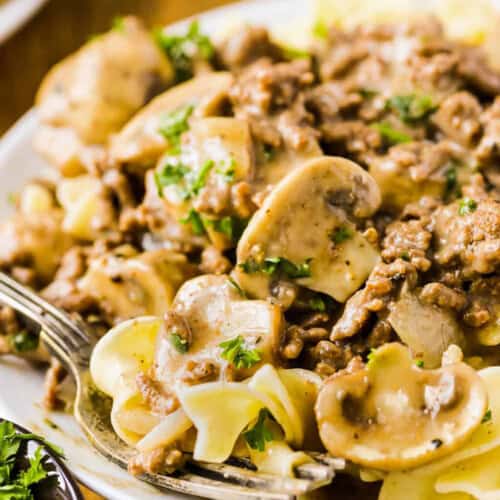 Ground Beef Stroganoff on a plate with a fork