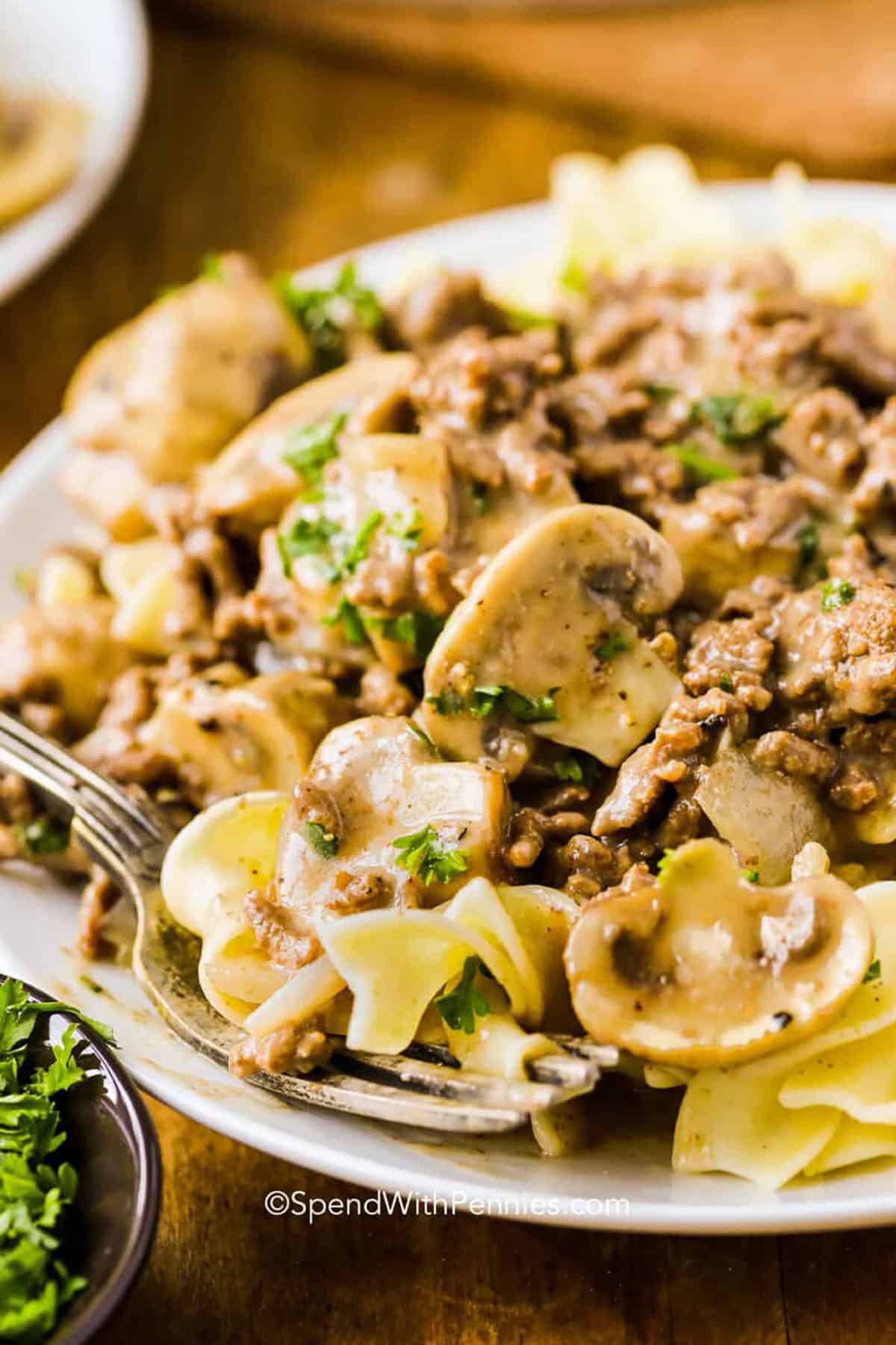 Ground beef stroganoff is a comforting, hearty meal made with tender beef, savory mushrooms, and a creamy sour cream sauce. Simple ingredients like onions, garlic, and Worcestershire sauce build rich flavor in every bite. Served over egg noodles, this dish comes together quickly for busy weeknights and is sure to satisfy the whole family. #spendwithpennies Ground Beef Stroganoff on a plate with a fork