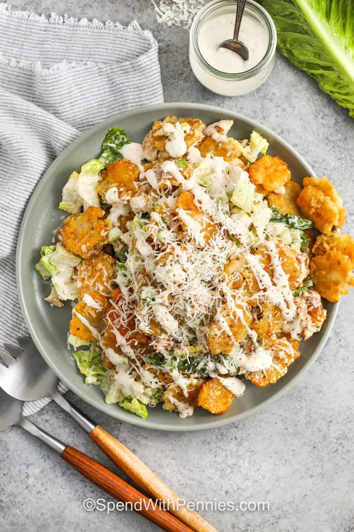 top view of Crispy Tater Caesar Salad in a bowl