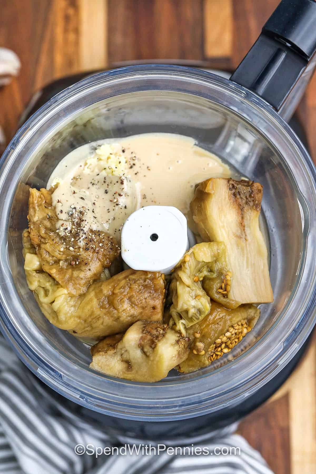 ingredients in food processor to make Easy Baba Ganoush