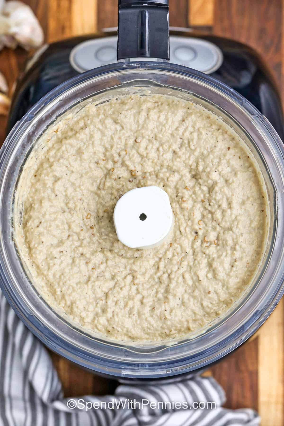 blended ingredients in food processor to make Easy Baba Ganoush