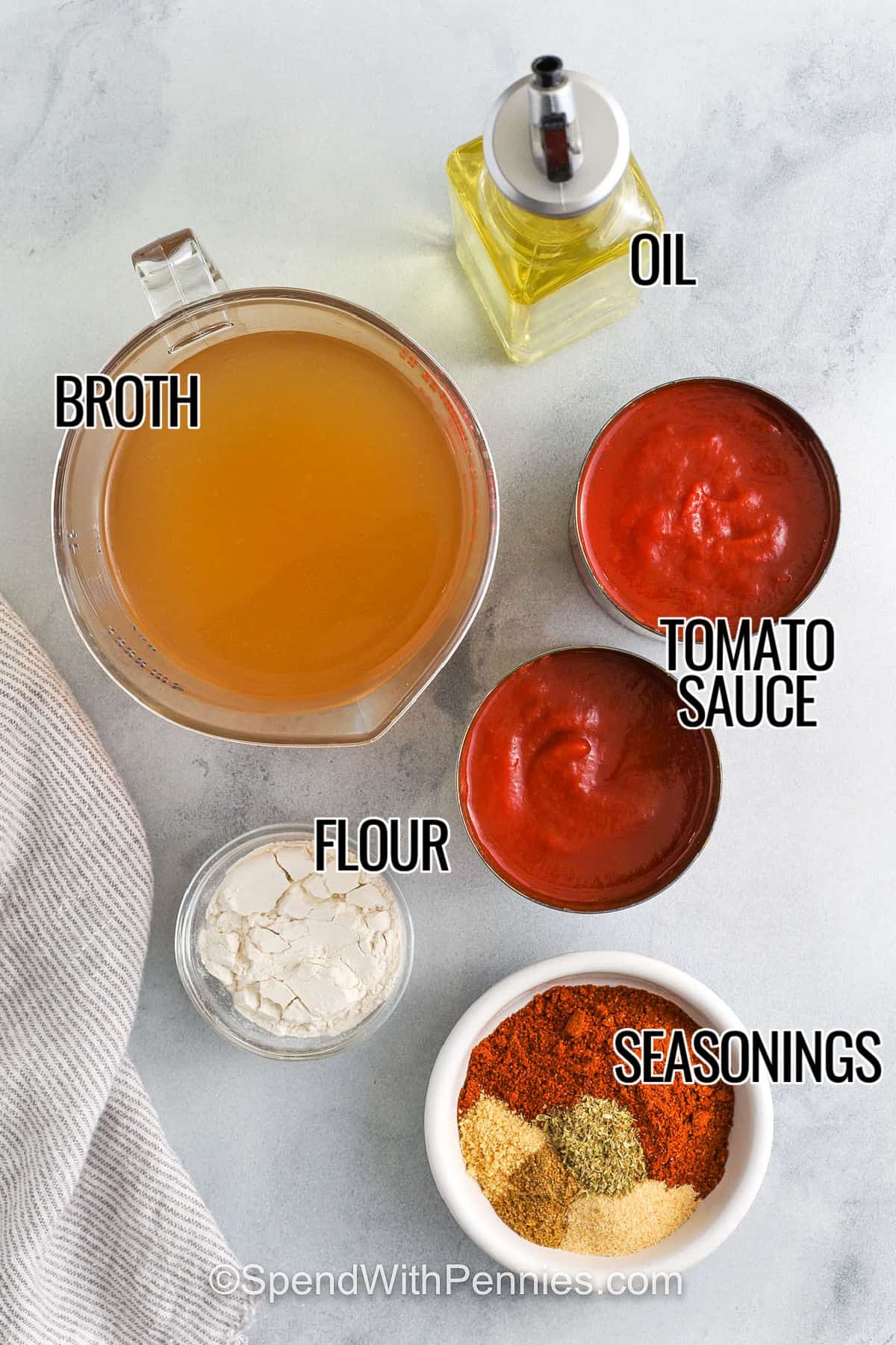 oil , broth , tomato sauce , flour , seasonings with labels to make Enchilada Sauce
