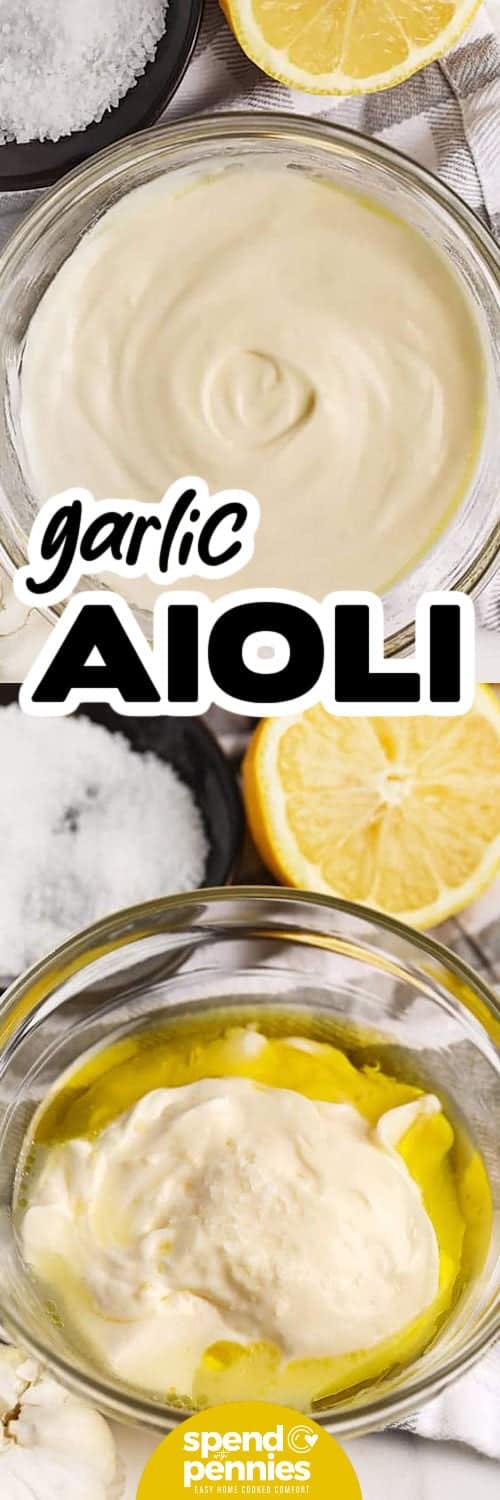 Aioli ingredients in a bowl and finished dish with a title