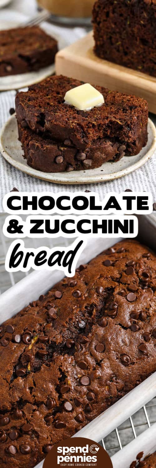 This chocolate zucchini bread is packed with chocolate chips and real cocoa for a double chocolate flavor. It’s soft and moist thanks to a bit of applesauce, and no one will believe it’s a healthy twist on a classic. This easy recipe is one of the best ways to use garden zucchini. For a little crunch, toss in chopped almonds or walnuts. It’s simple, homemade, and perfect anytime. #spendwithpennies Chocolate Zucchini Bread in the dish and slices on a plate with a title