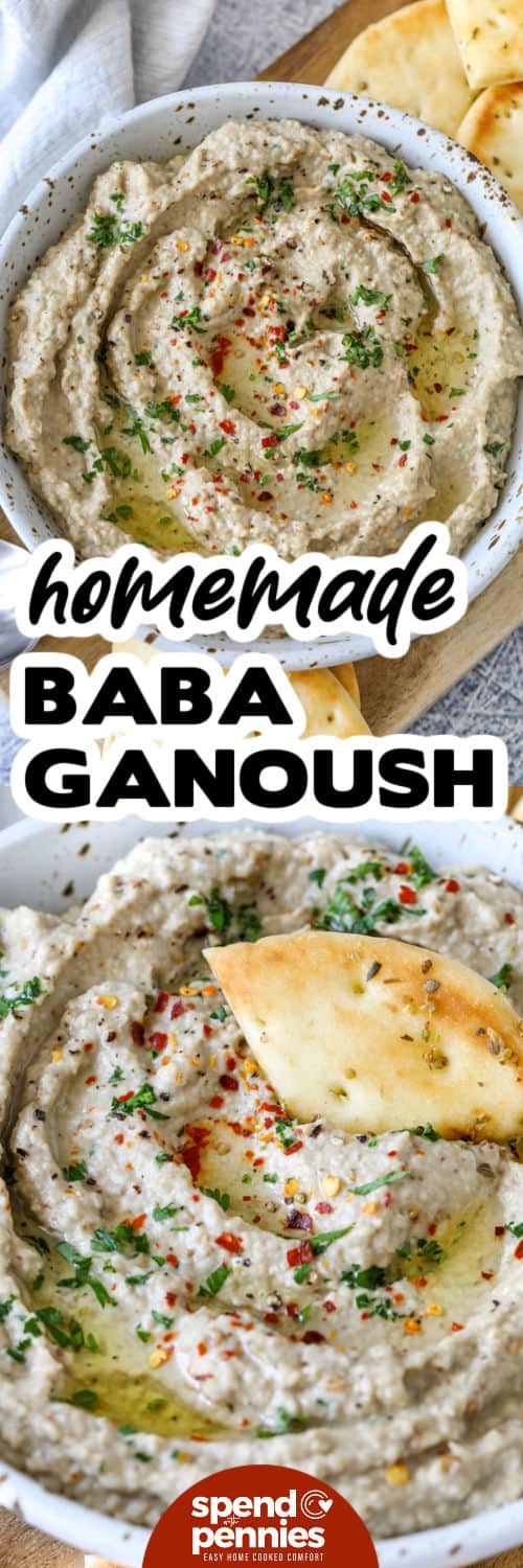 Easy Baba Ganoush in a bowl and close up photo with a title