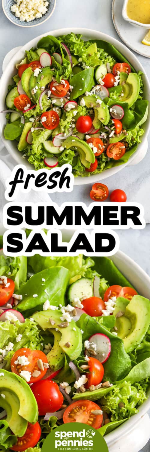 Fresh Summer Salad in a bowl and close up photo with a title