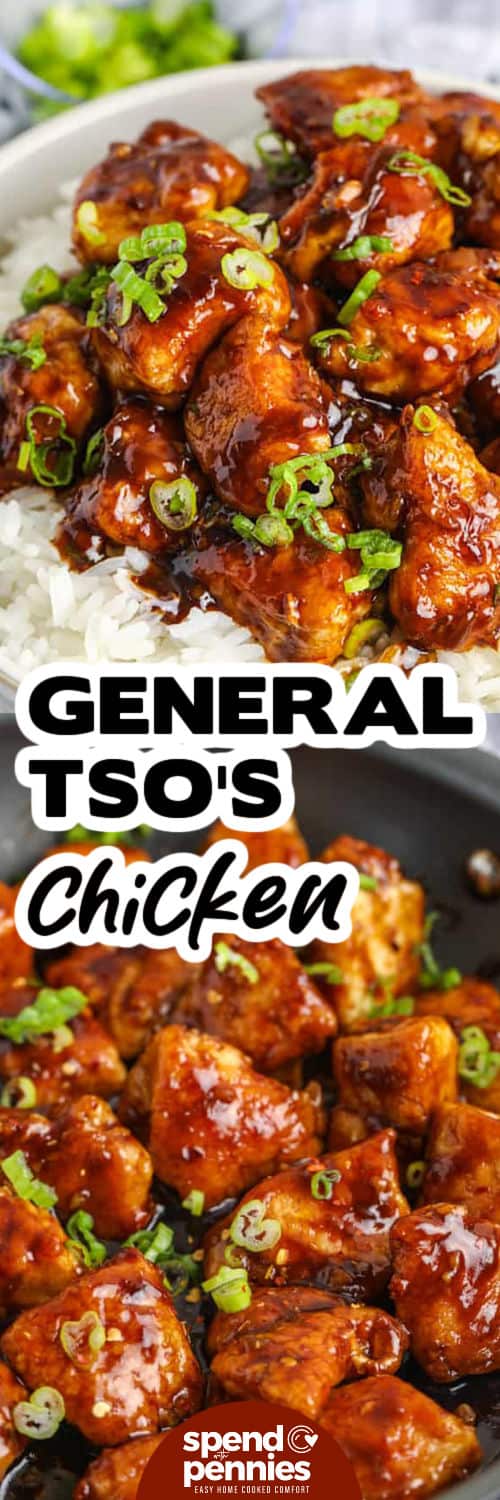 If you’re craving Chinese takeout, this General Tso’s chicken recipe is just the ticket! Bite-sized pieces or juicy chicken breast are lightly battered and fried, then tossed in bold sweet, spicy, and savory sauce made with soy, hoisin, garlic, ginger, and more. Serve it with fried rice or your favorite veggie side for a full meal. This is a recipe worth repeating! #spendwithpennies General Tso's Chicken in the pan and plated with a title