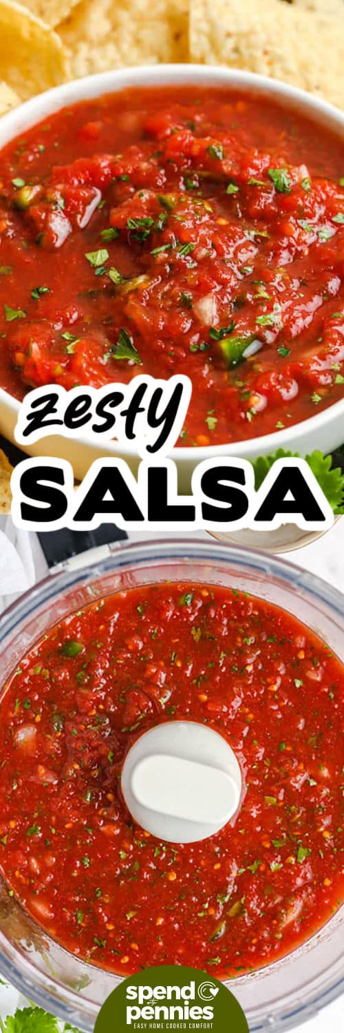 Homemade salsa is zesty, fresh, and incredibly easy to make in under 10 minutes. A can of tomatoes, some fresh onion, garlic, and cilantro, plus a splash of lime and jalapeño for heat, come together for a bright and delicious dip. Letting it chill enhances the flavor, making it a great make-ahead option for parties, game days, or taco night. #spendwithpennies Homemade Salsa in the food processor and in a bowl with a title