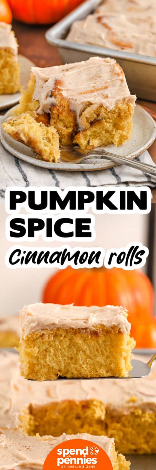 Pumpkin Cinnamon Rolls in a dish and a plated piece with a title