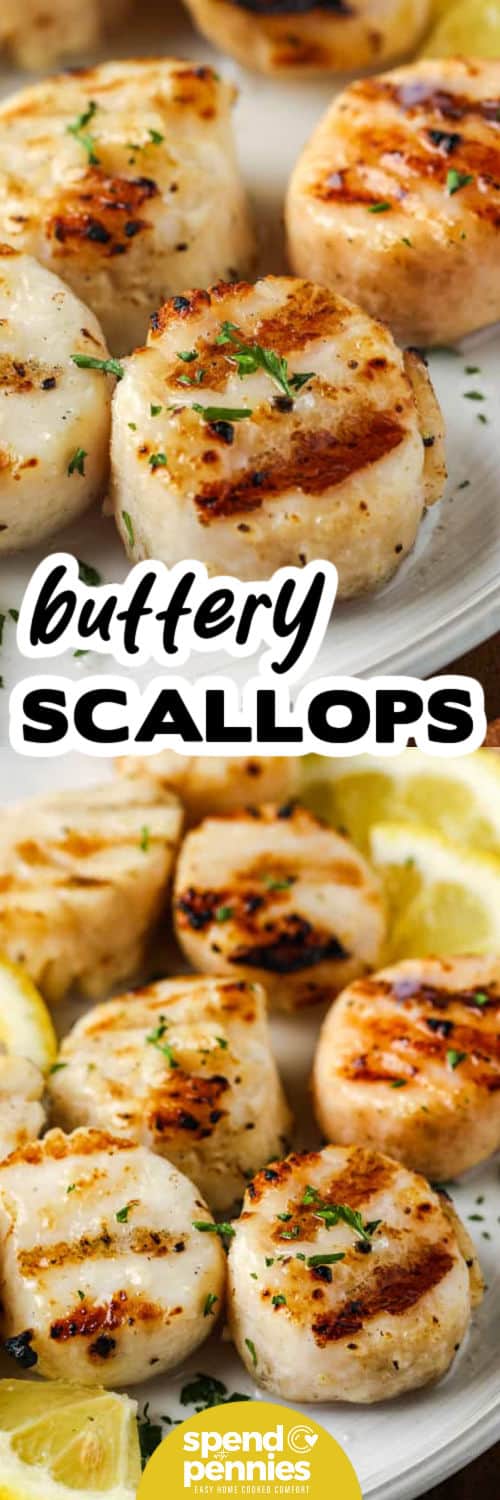Quick and easy grilled scallops are full of flavor and take just minutes to cook on the grill. A lemon-garlic marinade gives them a bright, fresh taste while a quick sear locks in moisture. Serve these scallops as a light main course or elegant appetizer, garnished with fresh herbs and citrus wedges. Ideal for warm-weather meals and backyard dinners. #spendwithpennies Quick and Easy Grilled Scallops on a plate and close up photo with a title