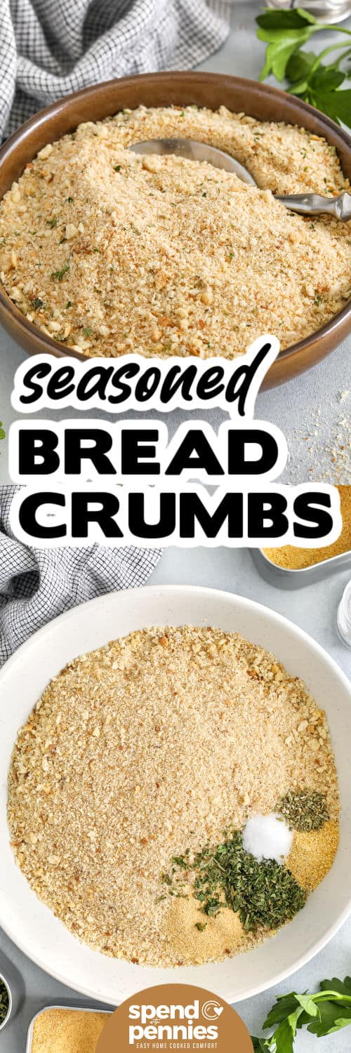 Make seasoned bread crumbs from scratch using your own oven-dry bread for a fresher, more flavorful result than store-bought. Whether you choose panko or plain, both bring great texture. With just a few herbs and spices, these crumbs turn ordinary meals into something special. Sprinkle over veggies, use as a binder in meatloaf, or coat chicken for a crisp finish. So versatile and budget-friendly! #spendwithpennies adding ingredients together to make Seasoned Bread Crumbs and plated Seasoned Bread Crumbs in a wooden bowl with a title