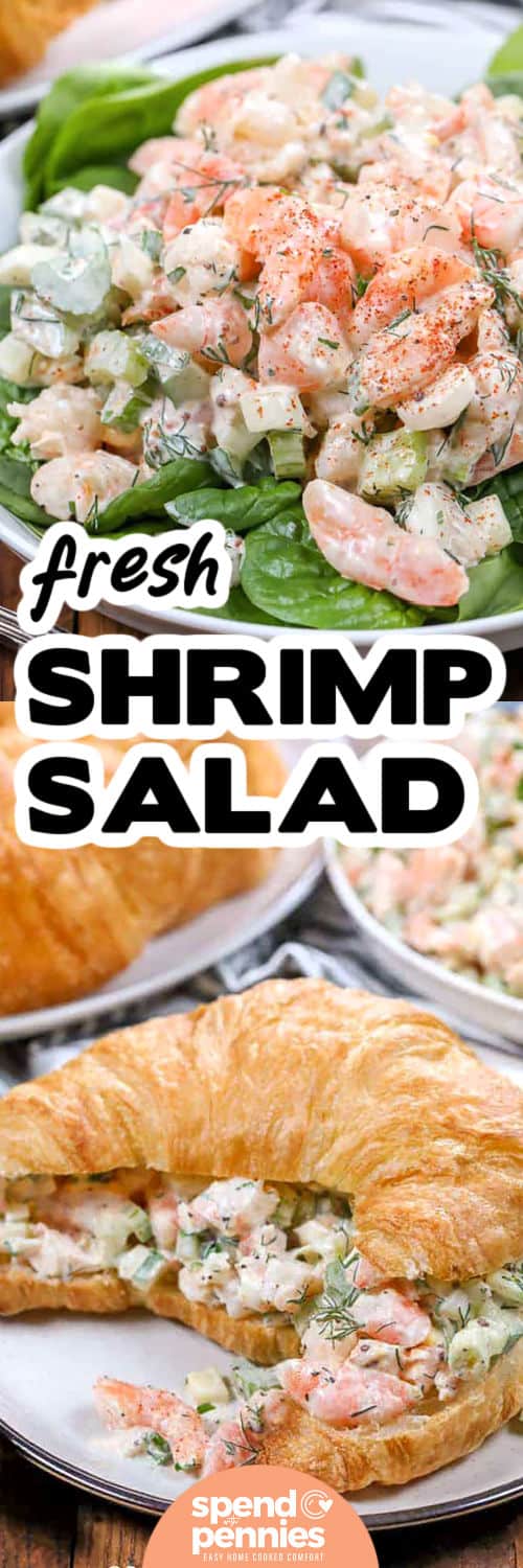 This shrimp salad recipe is packed with crisp veggies and a creamy dressing that’s full of flavor. It’s fresh and cool with just the right amount of lemon, dill, and seasoning. The shrimp get chopped and tossed with cucumber, celery, egg, and onion for the perfect texture. Whether you scoop it onto lettuce or tuck it into a bun, this one’s a must-try. #spendwithpennies Shrimp Salad sandwich on a plate and top photo of Shrimp Salad on lettuce in a bowl with a title